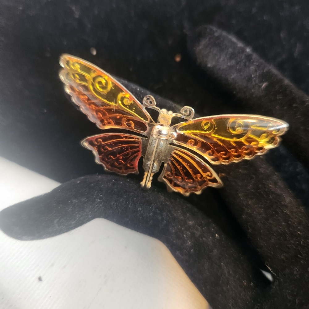 Avon Vintage Butterfly Brooch Gold Tone Amber Yellow Stained‎ Glass Enamel Pin